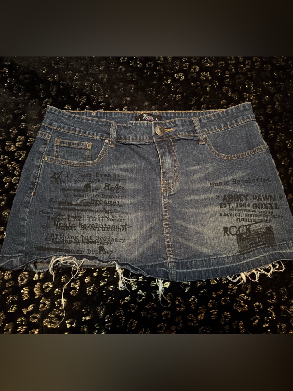 Vintage Abbey Dawn Blue Denim Graphic Mini Skirt Punk Grunge Goth Rocker